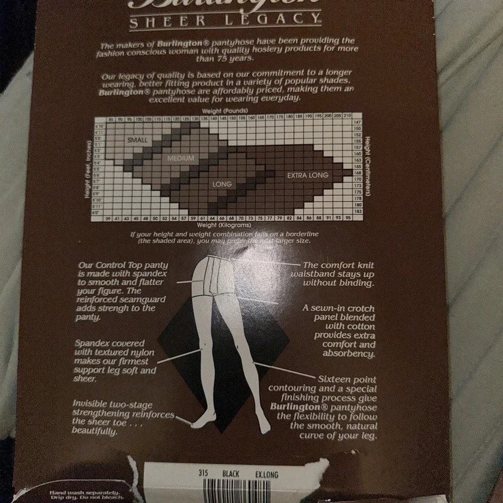 Burlington Sheer Legacy‎ Pantyhose Extra Long Black 315 Control Panty Sheer Toe